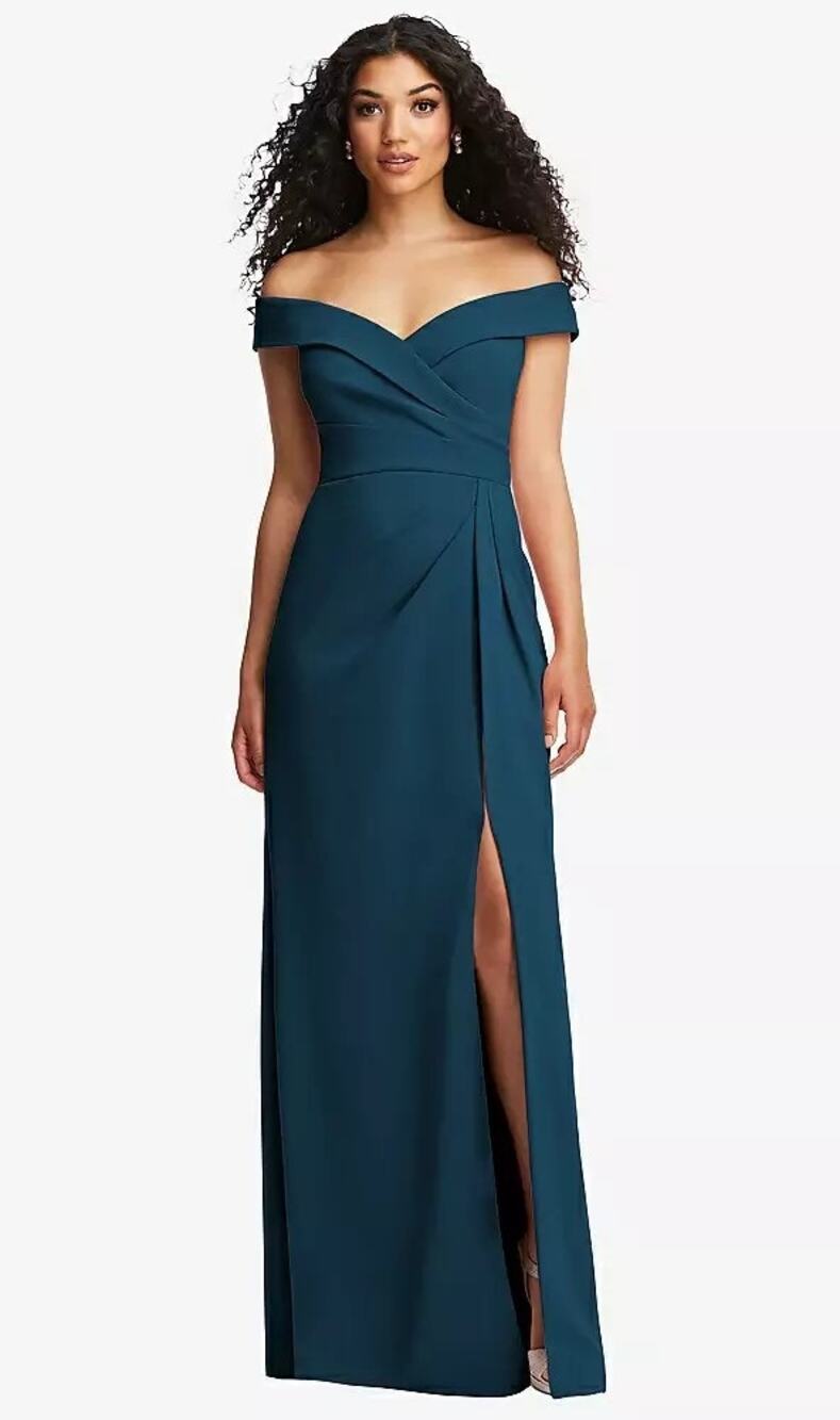 2833 NWOT After Six 6872 Cuffed Off-the-Shoulder Pleated Faux Wrap Maxi Dress